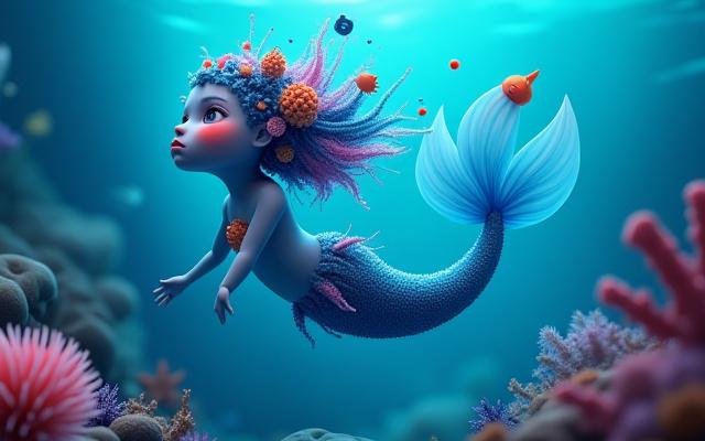 Abstraktes, fantasievolles 3D-Charakterdesign einer Meerjungfrau, die Elemente von Fischen und Korallen in leuchtenden Farben integriert, in einem surrealen Unterwasser-Setting.